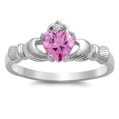 Sterling Silver Claddagh Pink CZ Ring