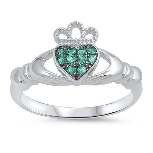Sterling Silver Claddagh Emerald CZ Ring
