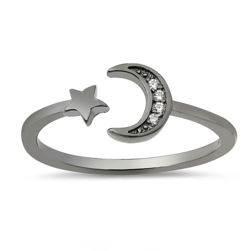 Sterling Silver Black Rhodium Moon and Star CZ Ring
