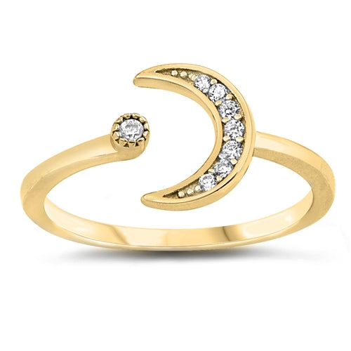 Sterling Silver Gold Plated Moon and Star CZ Ring