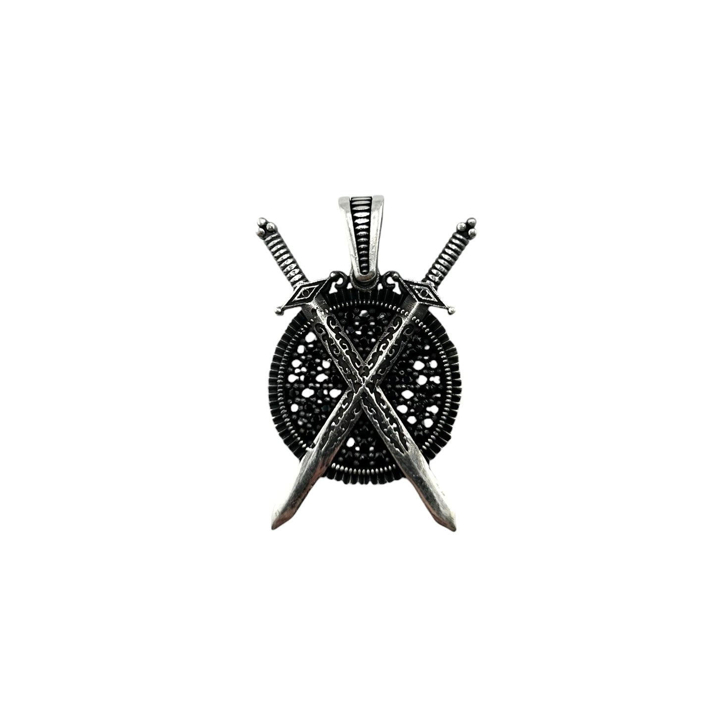 Sterling Silver Sword & Shield CZ Mens Pendant