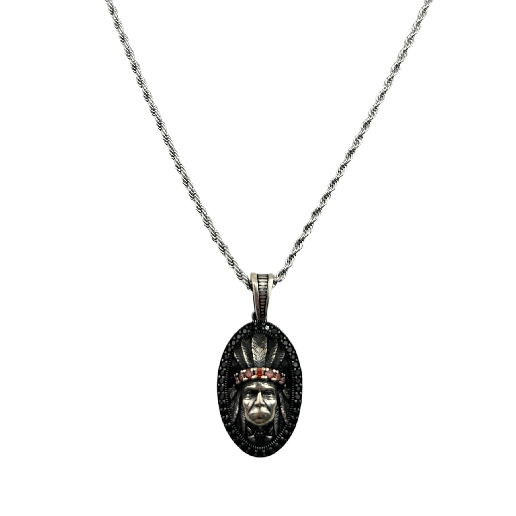 Sterling Silver CZ Indian Chief Mens Pendant