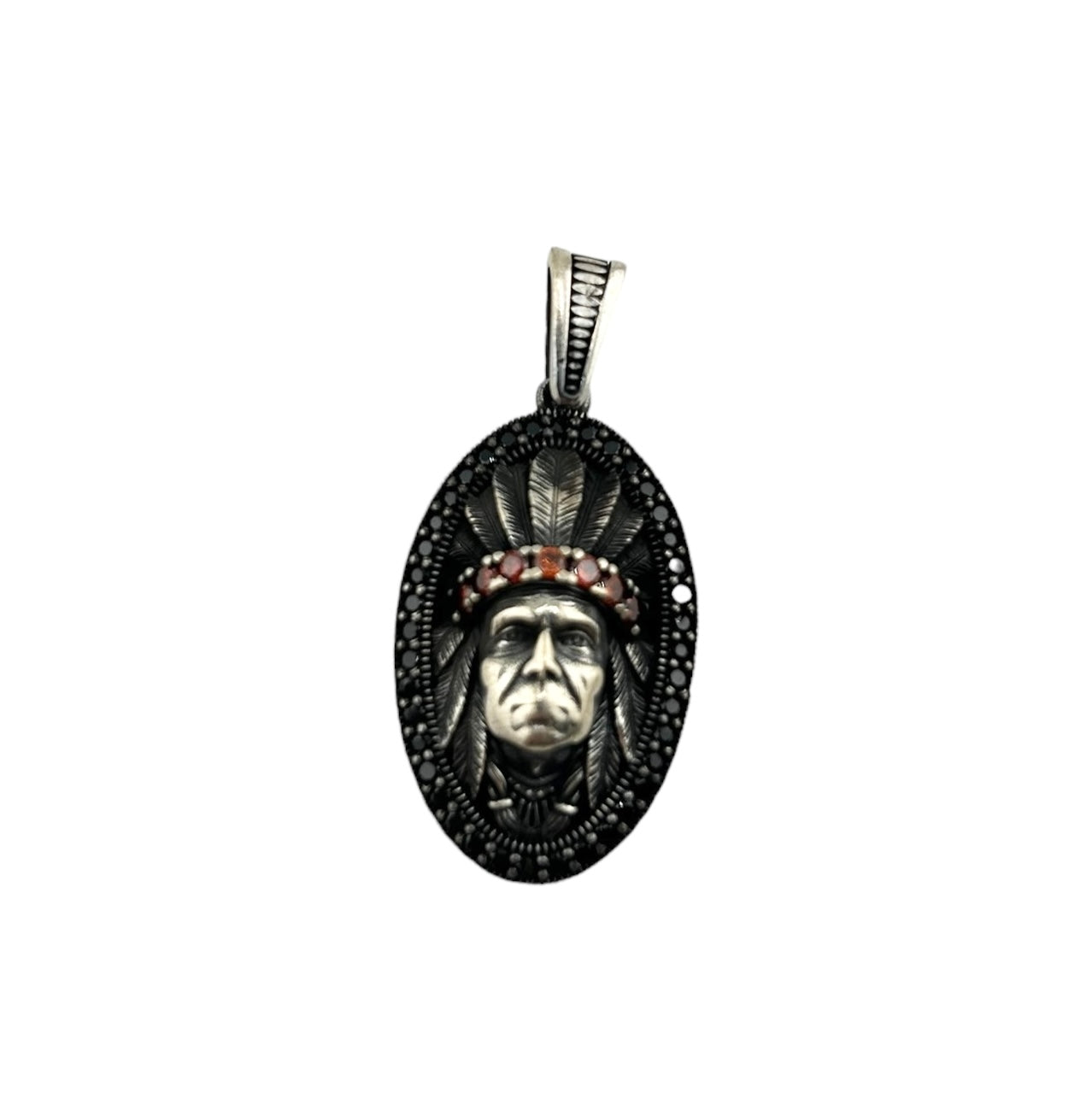Sterling Silver CZ Indian Chief Mens Pendant