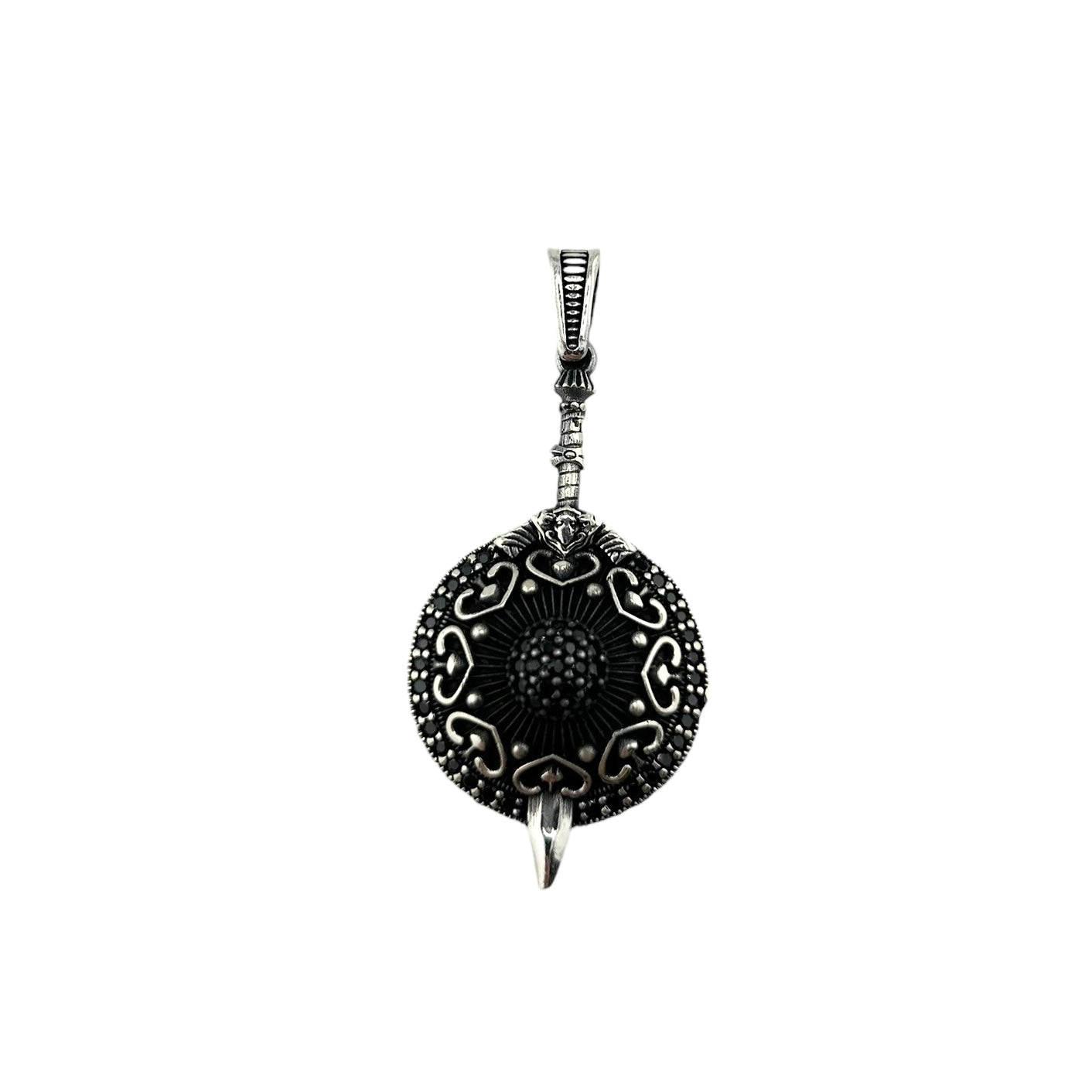 Sterling Silver CZ Sword Shield Mens Pendant