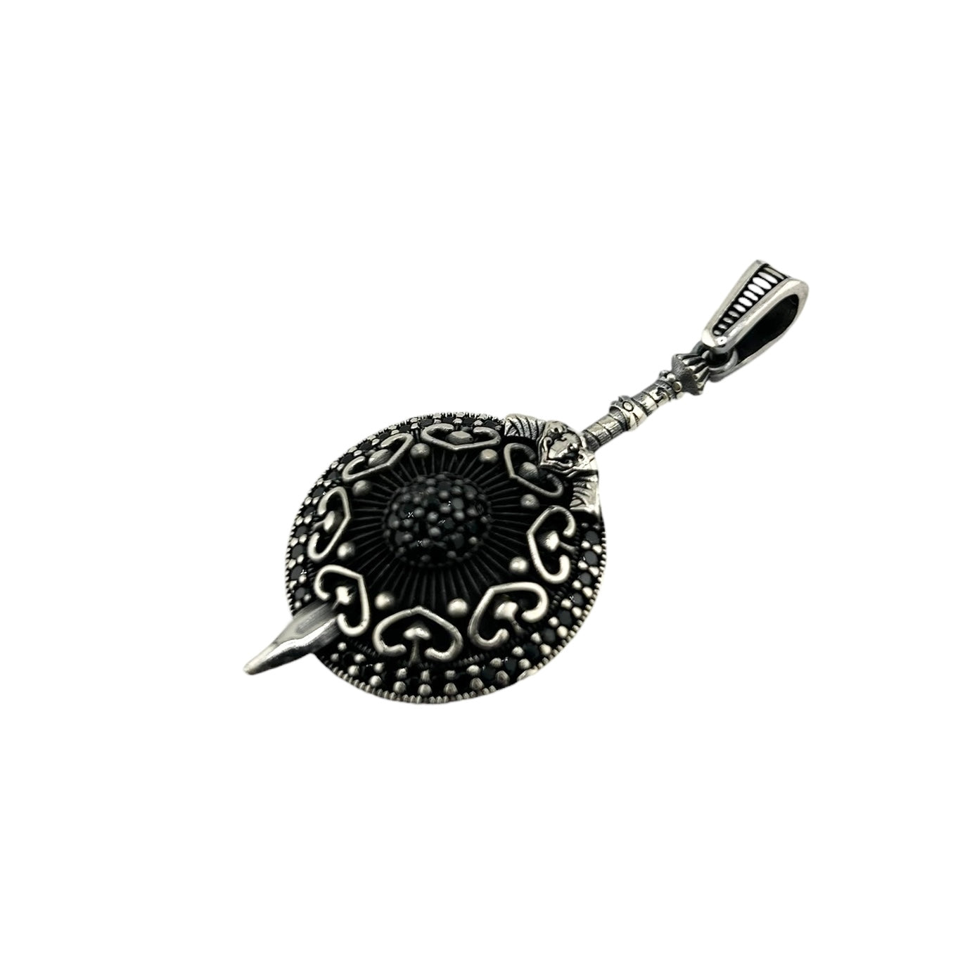 Sterling Silver CZ Sword Shield Mens Pendant