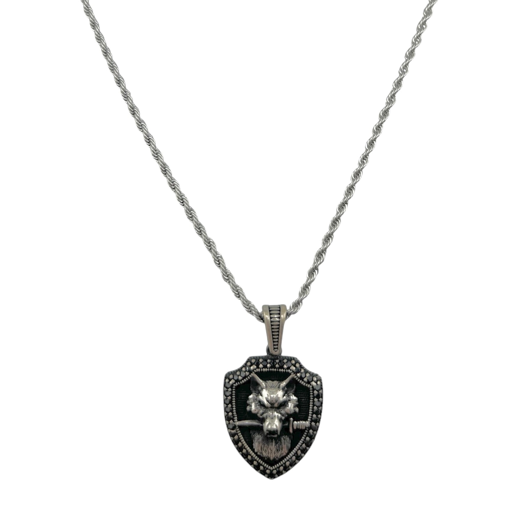 Sterling Silver Wolf & Sword Mens Pendant