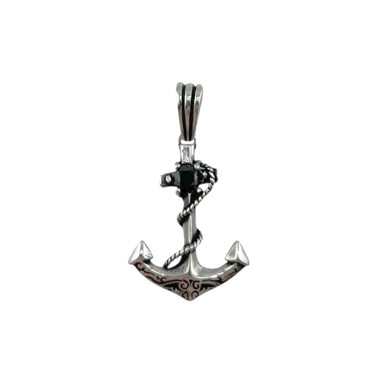 Sterling Silver Black CZ Anchor Mens Pendant
