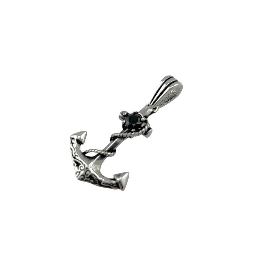 Sterling Silver Black CZ Anchor Mens Pendant