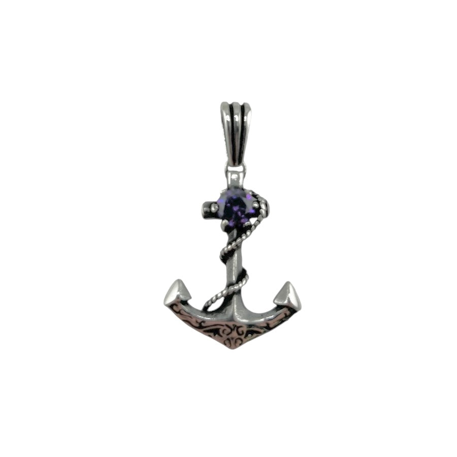 Sterling Silver Purple CZ Anchor Mens Pendant