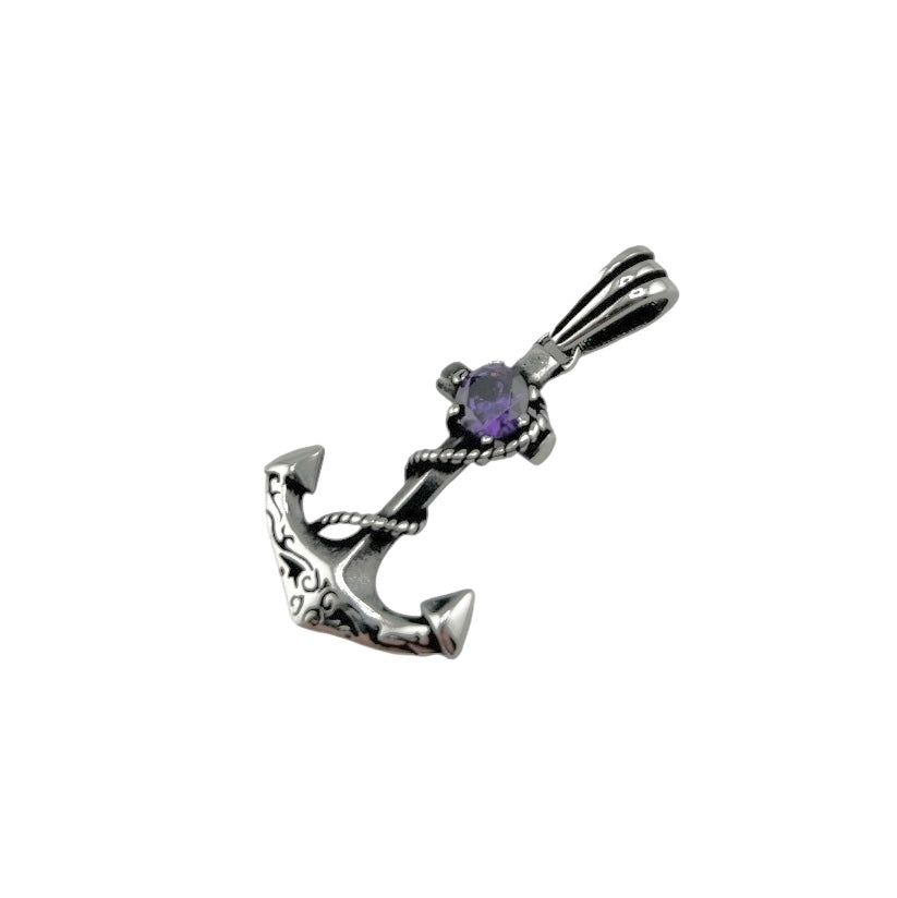 Sterling Silver Purple CZ Anchor Mens Pendant