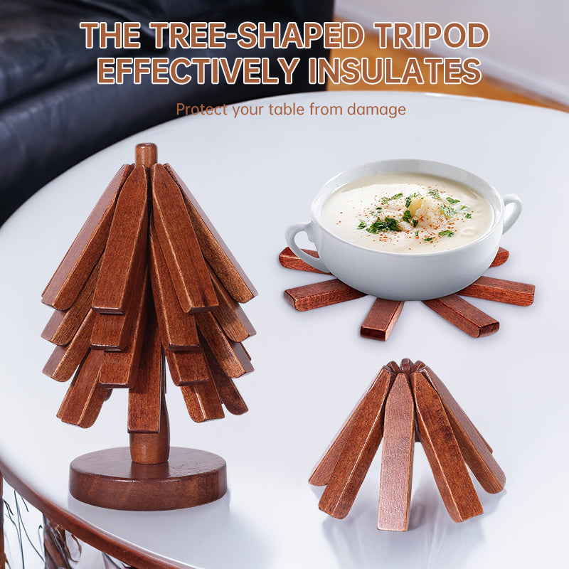 Tree - shaped wooden items including 4 trivets for hot dishes, pots, and pans, along with 1 stand.