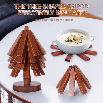 Tree - shaped wooden items including 4 trivets for hot dishes, pots, and pans, along with 1 stand.