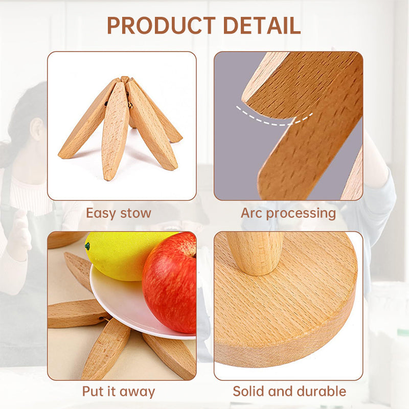 Tree - shaped wooden items including 4 trivets for hot dishes, pots, and pans, along with 1 stand.