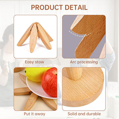 Tree - shaped wooden items including 4 trivets for hot dishes, pots, and pans, along with 1 stand.