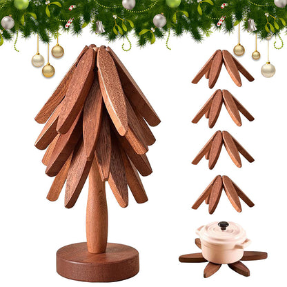 Tree - shaped wooden items including 4 trivets for hot dishes, pots, and pans, along with 1 stand.