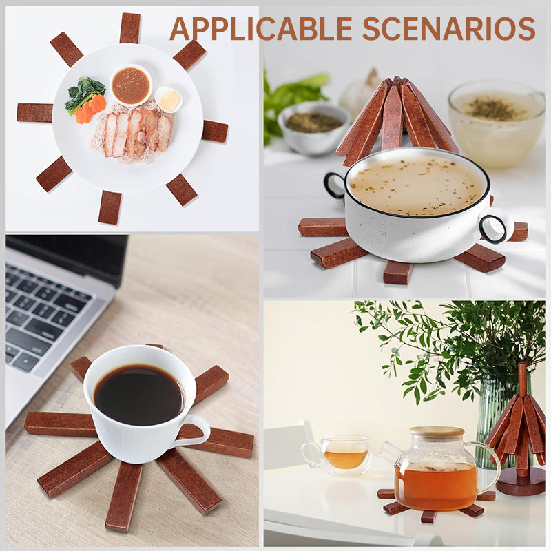 Tree - shaped wooden items including 4 trivets for hot dishes, pots, and pans, along with 1 stand.