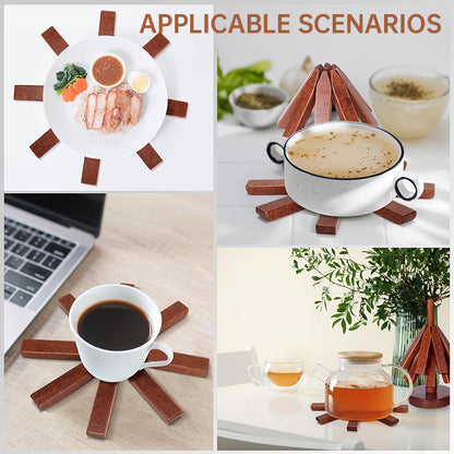 Tree - shaped wooden items including 4 trivets for hot dishes, pots, and pans, along with 1 stand.