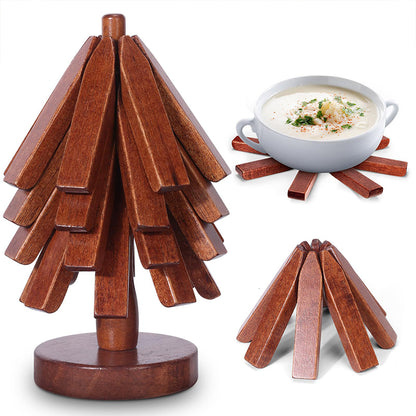Tree - shaped wooden items including 4 trivets for hot dishes, pots, and pans, along with 1 stand.