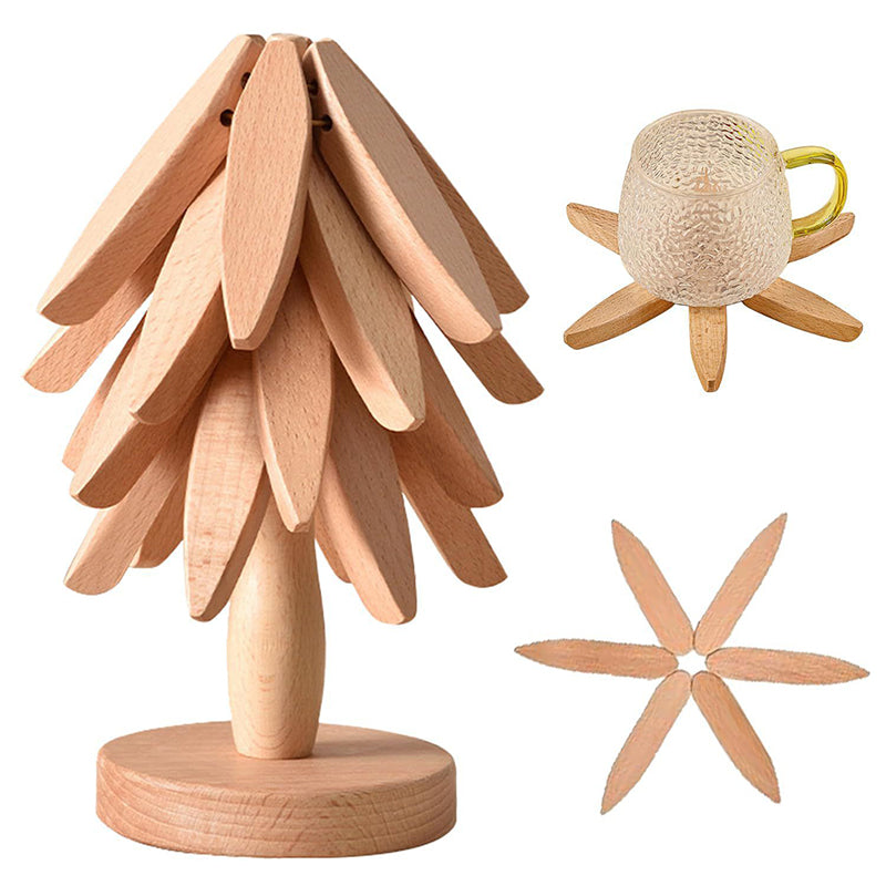 Tree - shaped wooden items including 4 trivets for hot dishes, pots, and pans, along with 1 stand.