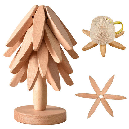 Tree - shaped wooden items including 4 trivets for hot dishes, pots, and pans, along with 1 stand.