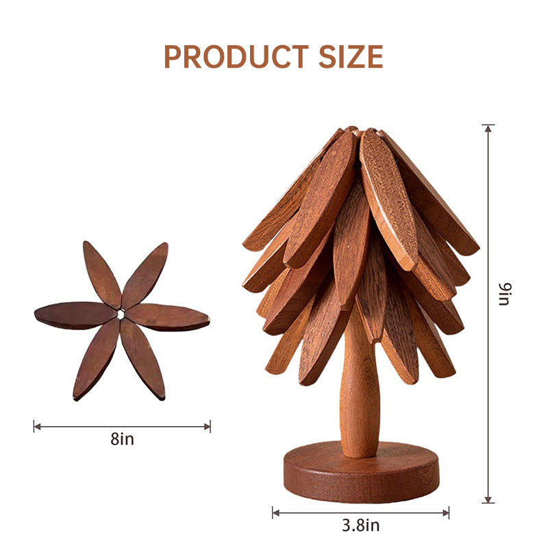 Tree - shaped wooden items including 4 trivets for hot dishes, pots, and pans, along with 1 stand.