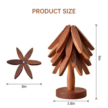 Tree - shaped wooden items including 4 trivets for hot dishes, pots, and pans, along with 1 stand.