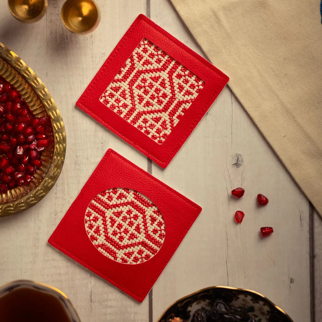 Hand-Made Embroidery Tatreez Tribal Coaster - Red (2pc Set)