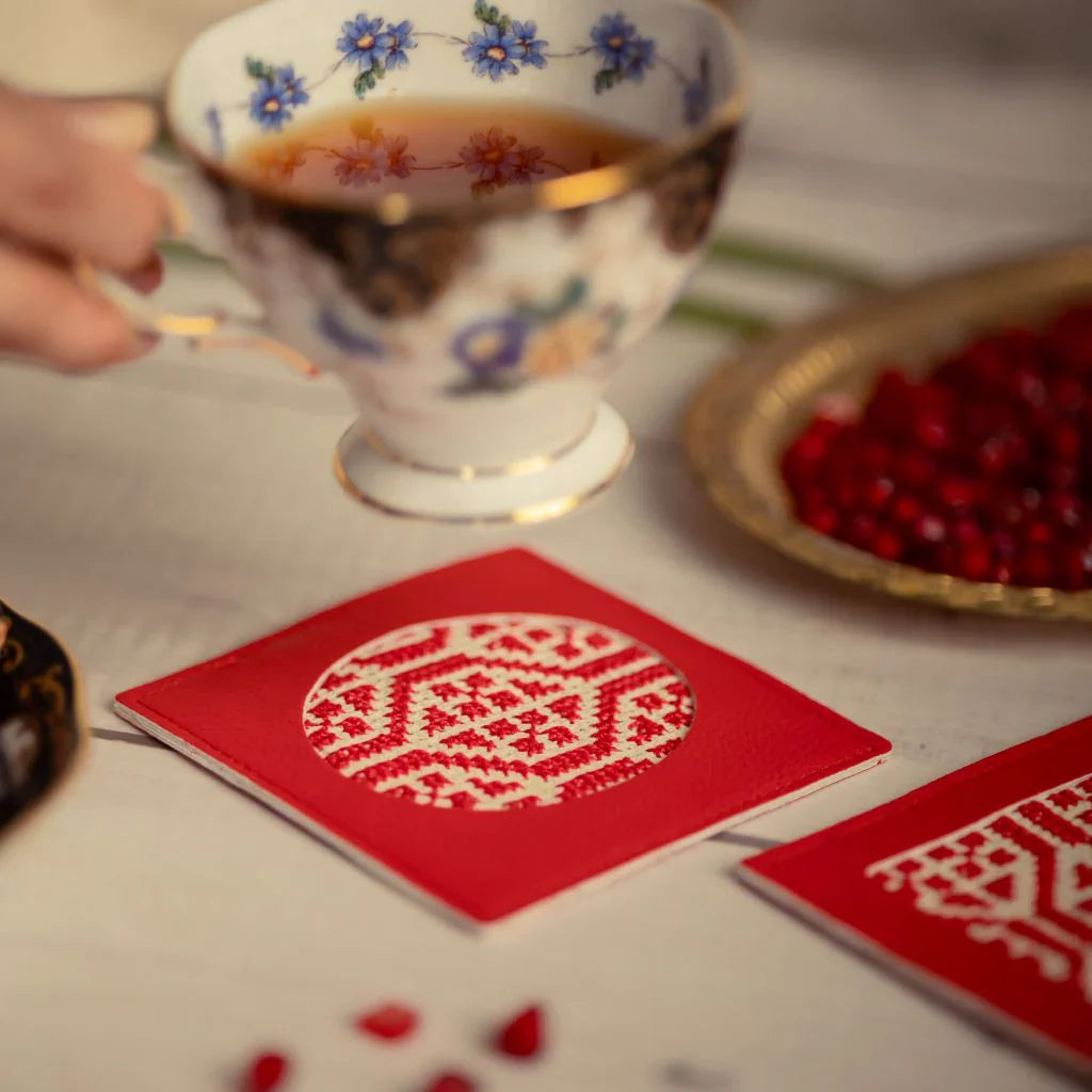 Hand-Made Embroidery Tatreez Tribal Coaster - Red (2pc Set)