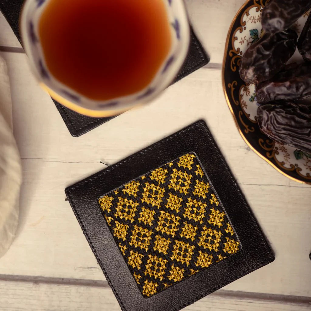 Hand-Made Embroidery Tatreez Tribal Coaster - Gold (2pc Set)