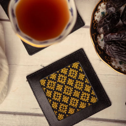 Hand-Made Embroidery Tatreez Tribal Coaster - Gold (2pc Set)