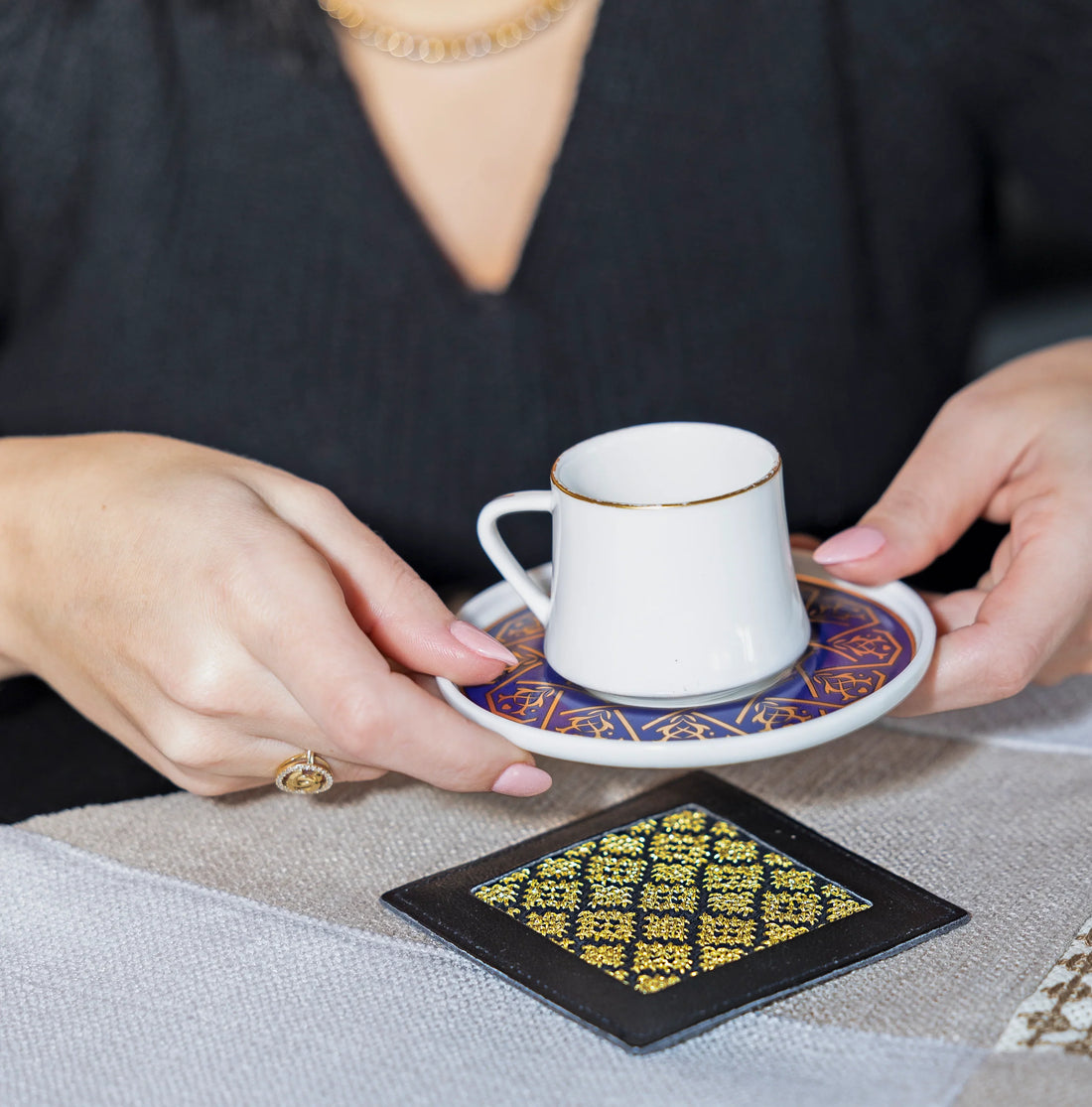 Hand-Made Embroidery Tatreez Tribal Coaster - Gold (2pc Set)