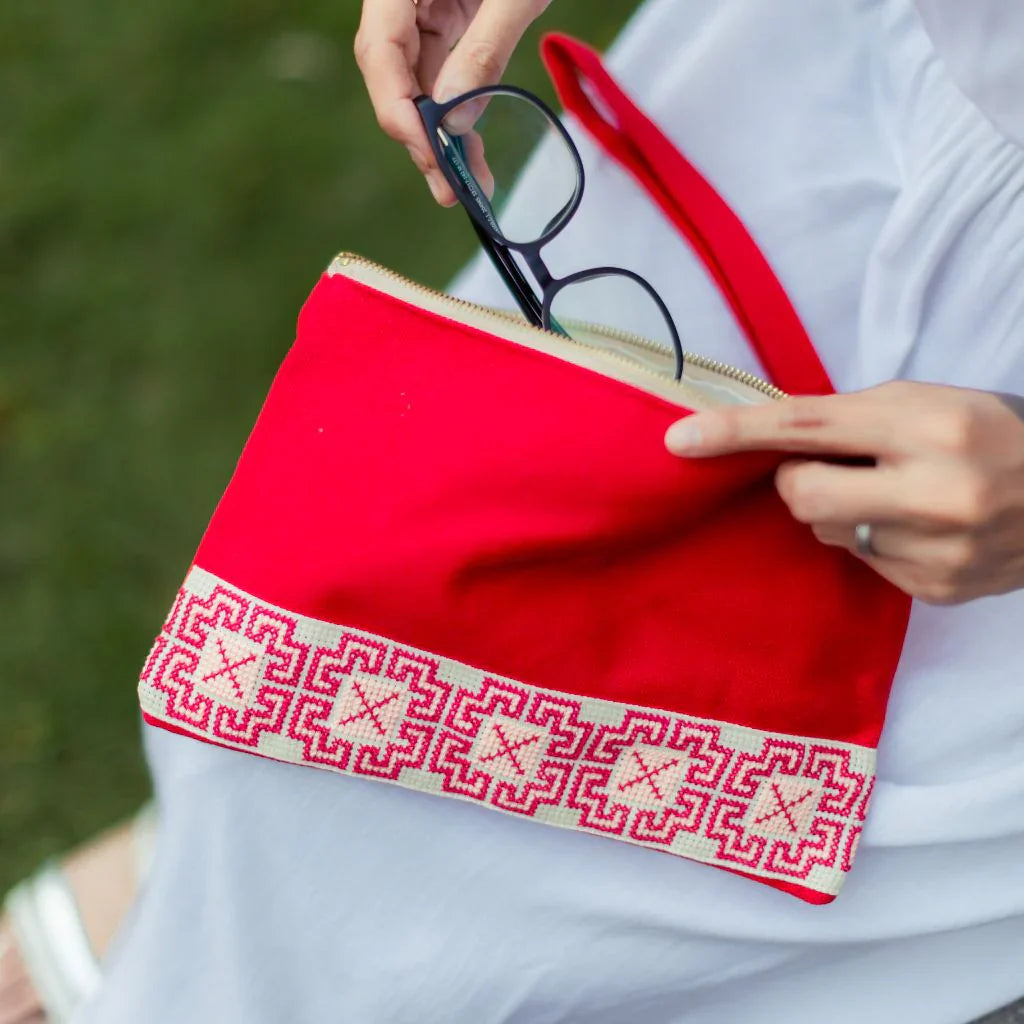 Hand-Made Embroidery Tatreez Tribal Pouch - Red