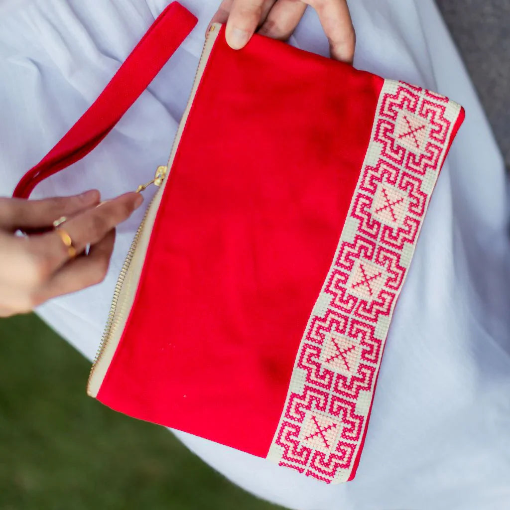 Hand-Made Embroidery Tatreez Tribal Pouch - Red