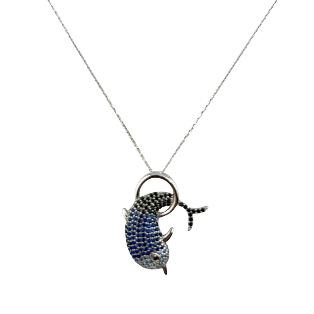 Sterling Silver CZ Blue &amp; Black Dolphin Womens Necklace