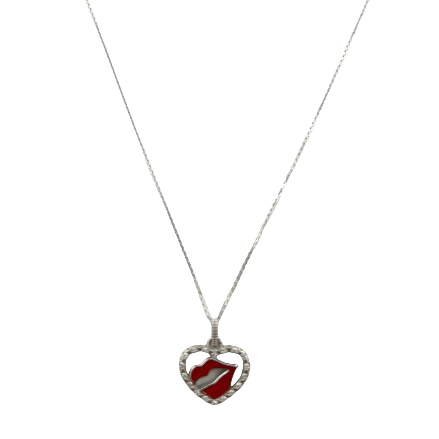 Sterling Silver CZ Heart &amp; Lips Womens Necklace