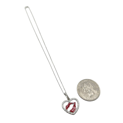 Sterling Silver CZ Heart &amp; Lips Womens Necklace