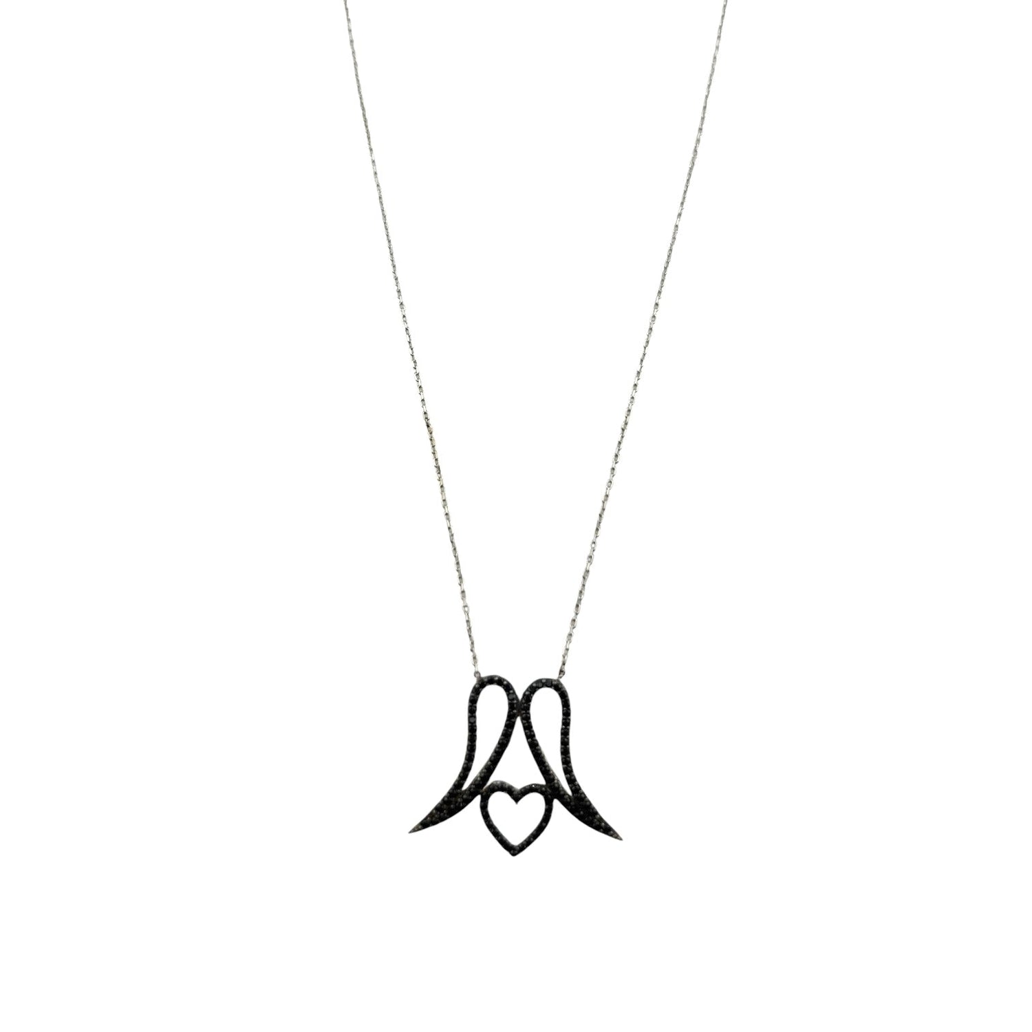Sterling Silver CZ Black Wings &amp; Heart Womens Necklace