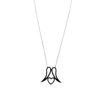 Sterling Silver CZ Black Wings &amp; Heart Womens Necklace