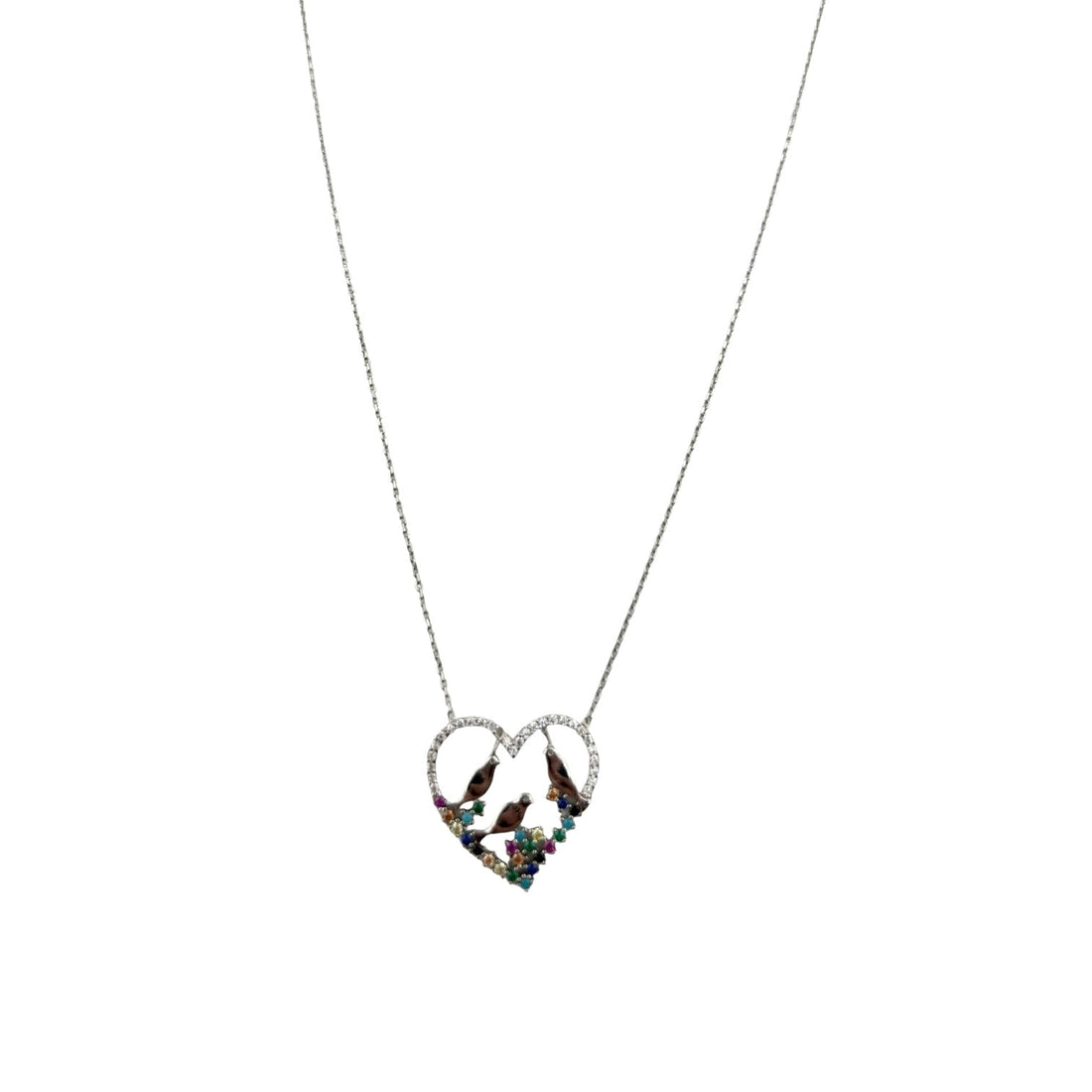 Sterling Silver CZ Multicolor Birds &amp; Heart Womens Necklace