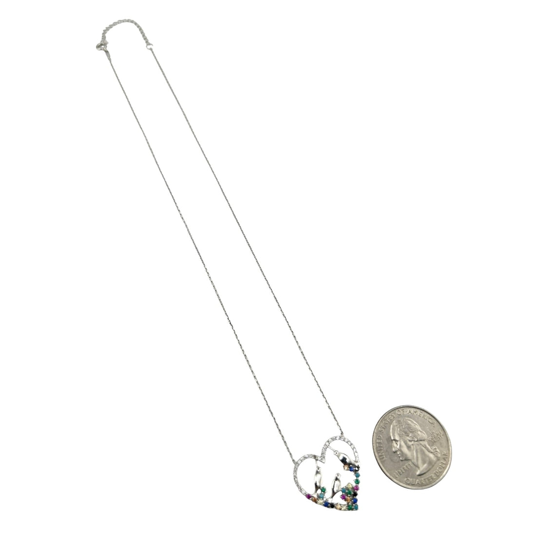 Sterling Silver CZ Multicolor Birds &amp; Heart Womens Necklace
