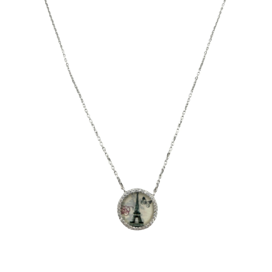 Sterling Silver CZ Eiffel Tower Womens Necklace