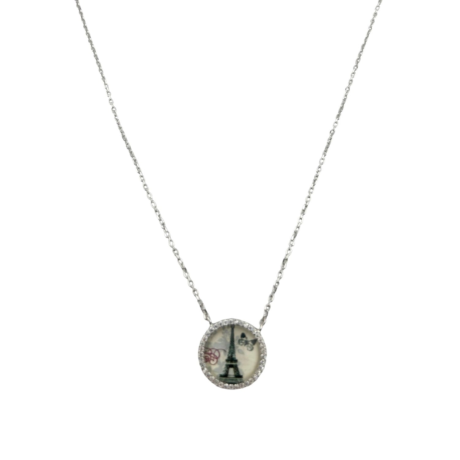 Sterling Silver CZ Eiffel Tower Womens Necklace