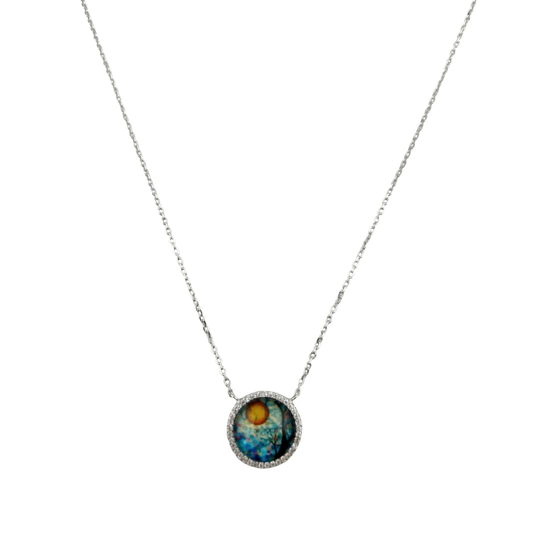 Sterling Silver CZ Tree &amp; Sun Womens Necklace