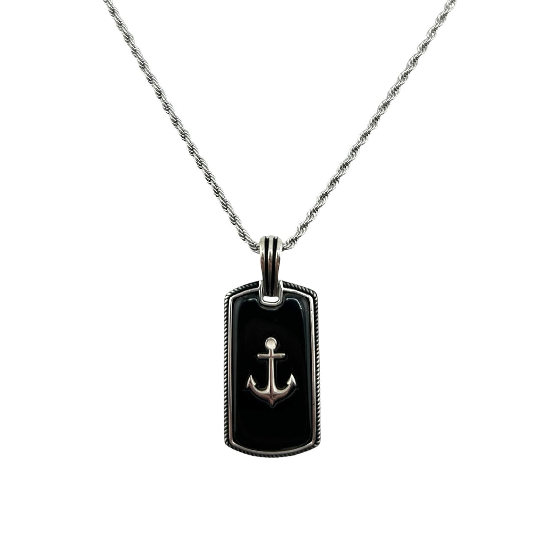 Sterling Silver Onyx Anchor Mens Pendant
