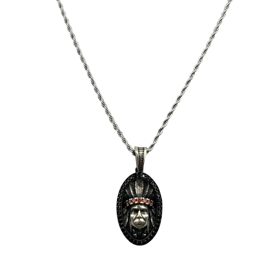 Sterling Silver CZ Indian Chief Mens Pendant