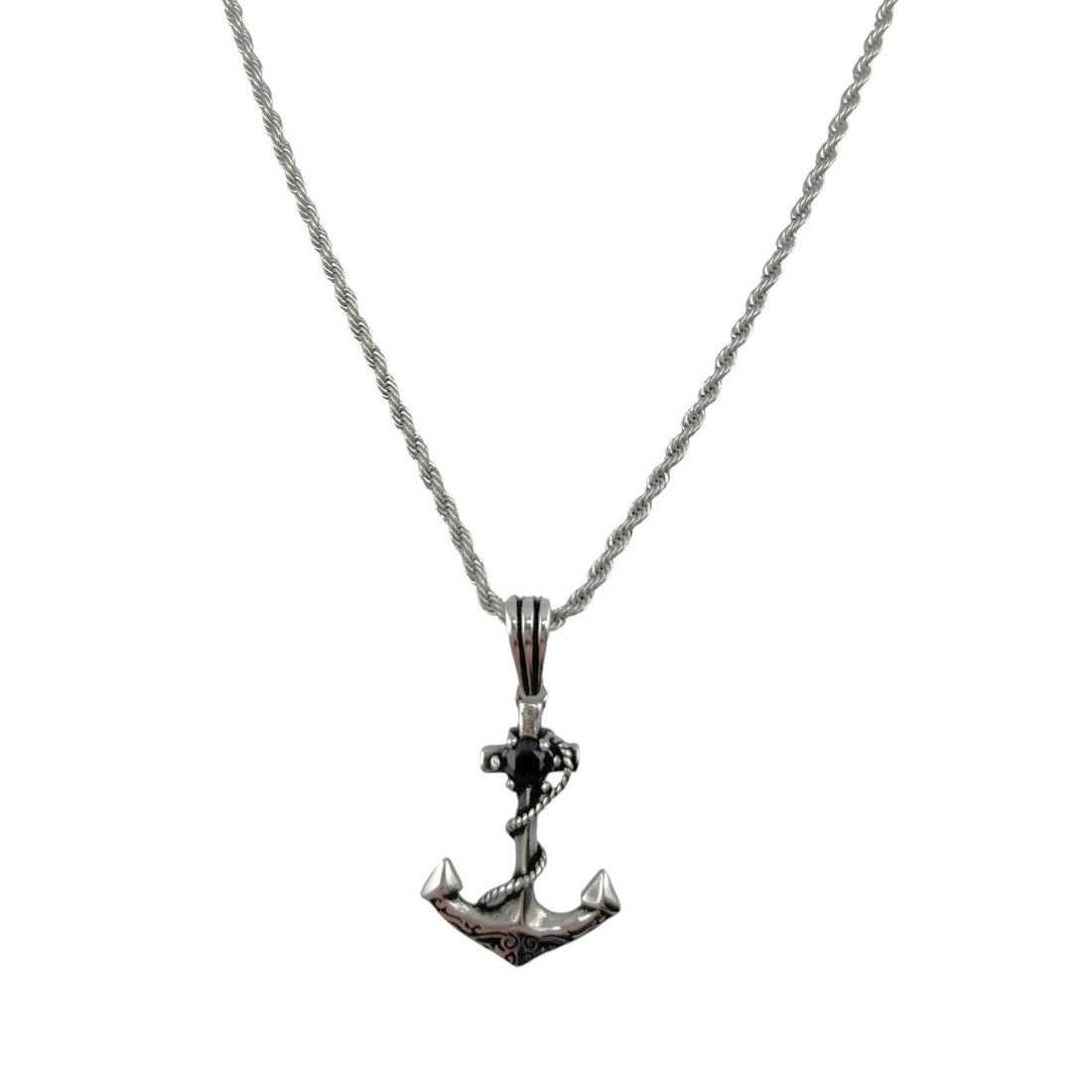 Sterling Silver Black CZ Anchor Mens Pendant