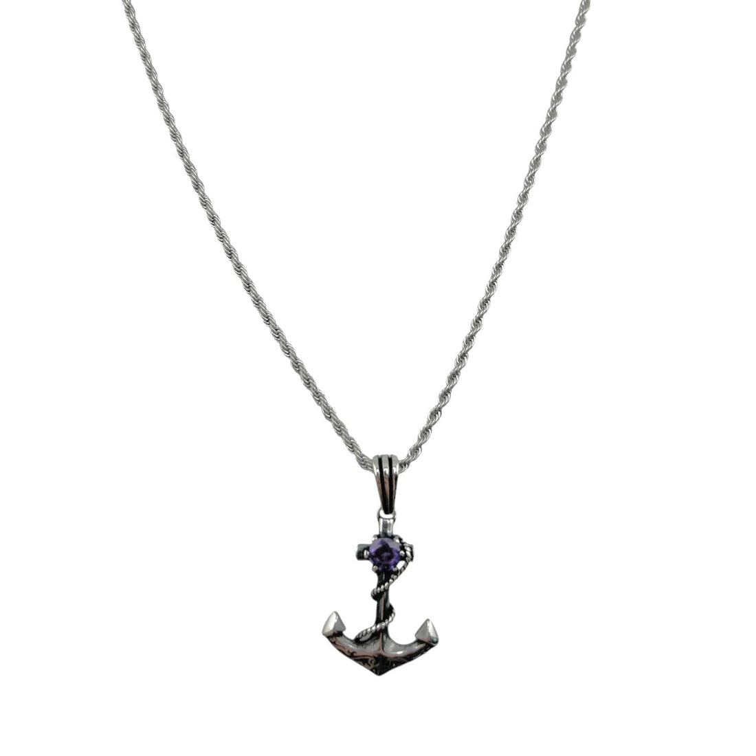 Sterling Silver Purple CZ Anchor Mens Pendant