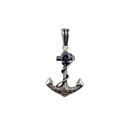 Sterling Silver Purple CZ Anchor Mens Pendant