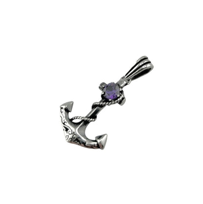 Sterling Silver Purple CZ Anchor Mens Pendant