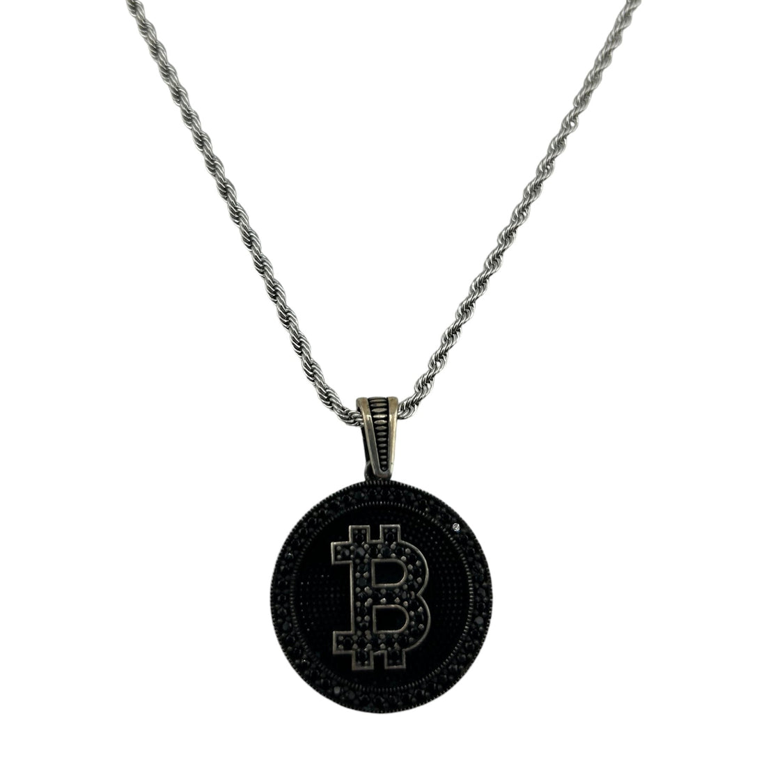 Sterling Silver CZ Bitcoin Mens Pendant